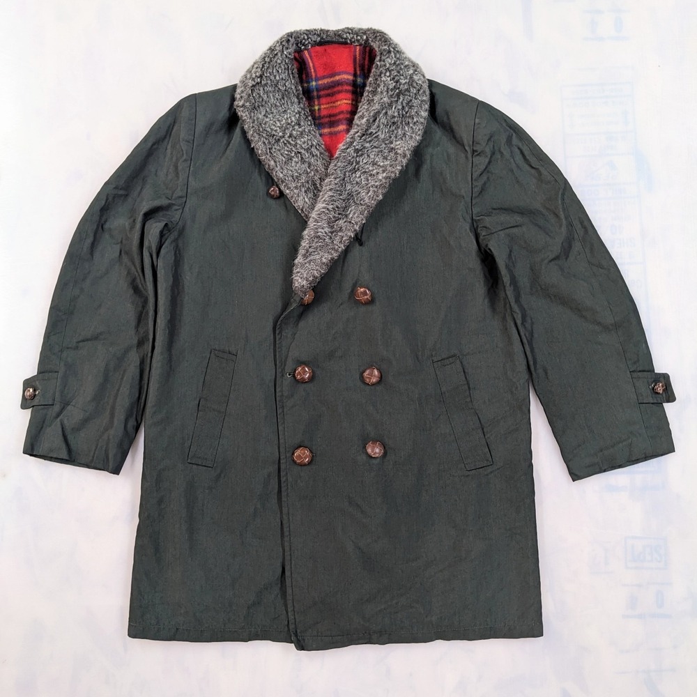 Vintage 1950s Military Double Breasted Jacket L/XL Olive Faux Fur Chore Pea Coat